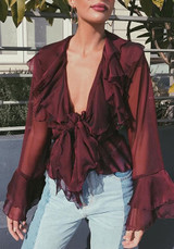 Casual Red Ruffle Irregular Plunging Neckline Long Sleeve Layers Of Casual Blouse