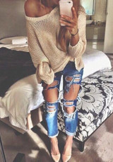 Casual Apricot Cut Out Asymmetric Shoulder Long Sleeve Casual Pullover Sweater