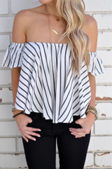 Casual Street Style Sexy Striped Off Shoulder Bateau Top