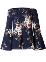 Casual Off Shoulder Floral Printed Bell Sleeve Blouse