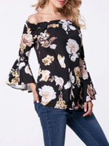Casual Off Shoulder Floral Printed Bell Sleeve Blouse