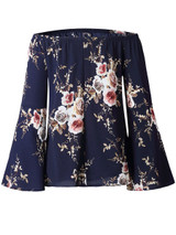 Casual Off Shoulder Floral Printed Bell Sleeve Blouse