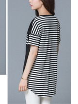 Casual High-Low Striped Round Neck Patch Pocket Blouse