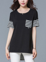 Casual High-Low Striped Round Neck Patch Pocket Blouse