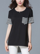 Casual High-Low Striped Round Neck Patch Pocket Blouse