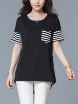 Casual High-Low Striped Round Neck Patch Pocket Blouse
