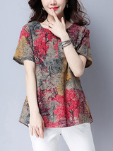 Casual Round Neck Trees Printed Blouse
