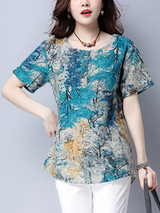 Casual Round Neck Trees Printed Blouse