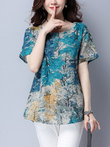 Casual Round Neck Trees Printed Blouse