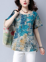 Casual Round Neck Trees Printed Blouse