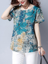 Casual Round Neck Trees Printed Blouse