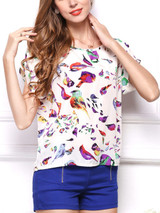 Casual Round Neck Birds Printed Blouse