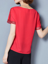 Casual Round Neck Hollow Out Plain Chiffon Blouse