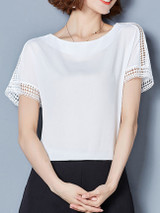 Casual Round Neck Hollow Out Plain Chiffon Blouse