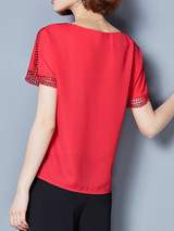 Casual Round Neck Hollow Out Plain Chiffon Blouse
