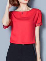 Casual Round Neck Hollow Out Plain Chiffon Blouse