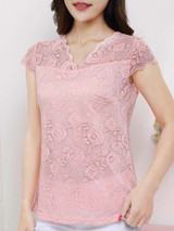 Casual Delightful V-Neck Lace Hollow Out Plain Short Sleeve T-Shirt