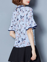 Casual Band Collar Contrast Trim Floral Printed Bell Sleeve Blouse