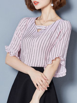 Casual Asymmetric Neck Ruffle Trim Vertical Striped Blouse
