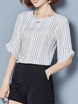 Casual Asymmetric Neck Ruffle Trim Vertical Striped Blouse