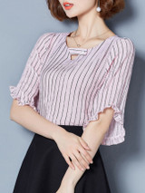 Casual Asymmetric Neck Ruffle Trim Vertical Striped Blouse