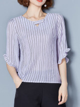 Casual Asymmetric Neck Ruffle Trim Vertical Striped Blouse