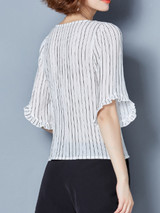 Casual Asymmetric Neck Ruffle Trim Vertical Striped Blouse