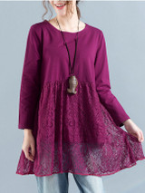 Casual Loose Patchwork Hollow Out Plain Long Sleeve T-Shirt