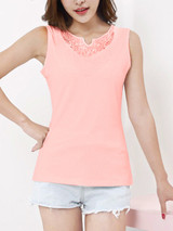 Casual Split Neck Decorative Lace Plain Sleeveless T-Shirt