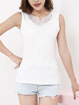 Casual Split Neck Decorative Lace Plain Sleeveless T-Shirt