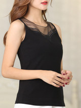 Casual Round Neck Patchwork See-Through Plain Sleeveless T-Shirt