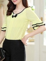Casual Round Neck Bowknot Plain Bell Sleeve Blouse
