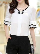 Casual Round Neck Bowknot Plain Bell Sleeve Blouse