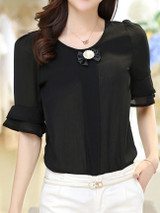 Casual Round Neck Bowknot Plain Bell Sleeve Blouse
