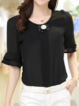 Casual Round Neck Bowknot Plain Bell Sleeve Blouse