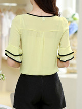 Casual Round Neck Bowknot Plain Bell Sleeve Blouse