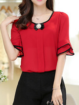 Casual Round Neck Bowknot Plain Bell Sleeve Blouse