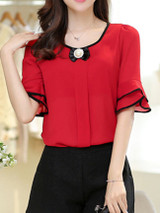 Casual Round Neck Bowknot Plain Bell Sleeve Blouse
