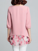 Casual Round Neck Asymmetric Hem Abstract Print Bishop Sleeve Blouse