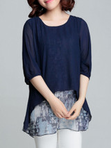 Casual Round Neck Asymmetric Hem Abstract Print Bishop Sleeve Blouse