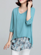 Casual Round Neck Asymmetric Hem Abstract Print Bishop Sleeve Blouse