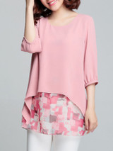 Casual Round Neck Asymmetric Hem Abstract Print Bishop Sleeve Blouse
