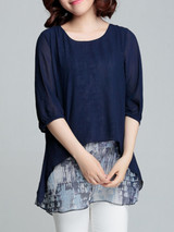 Casual Round Neck Asymmetric Hem Abstract Print Bishop Sleeve Blouse
