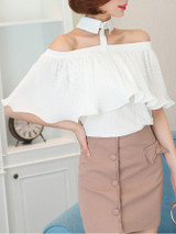 Casual Halter Cutout Flounce Plain Chiffon Blouse