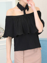 Casual Halter Cutout Flounce Plain Chiffon Blouse