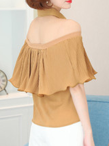 Casual Halter Cutout Flounce Plain Chiffon Blouse