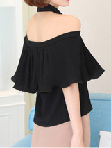 Casual Halter Cutout Flounce Plain Chiffon Blouse