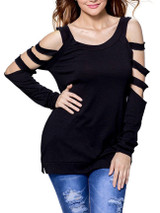 Casual Open Shoulder Cutout Plain Long Sleeve T-Shirt