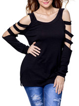 Casual Open Shoulder Cutout Plain Long Sleeve T-Shirt