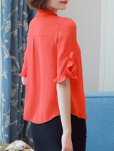 Casual Polo Collar Ruffle Trim Plain Blouse